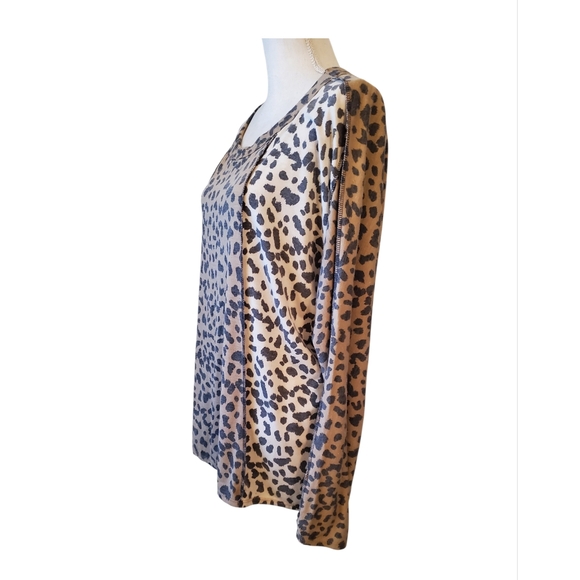 BiBi Leopard Print Color Block Jersey Knit Long Sleeve Top Tan Black Size L - Picture 2 of 6